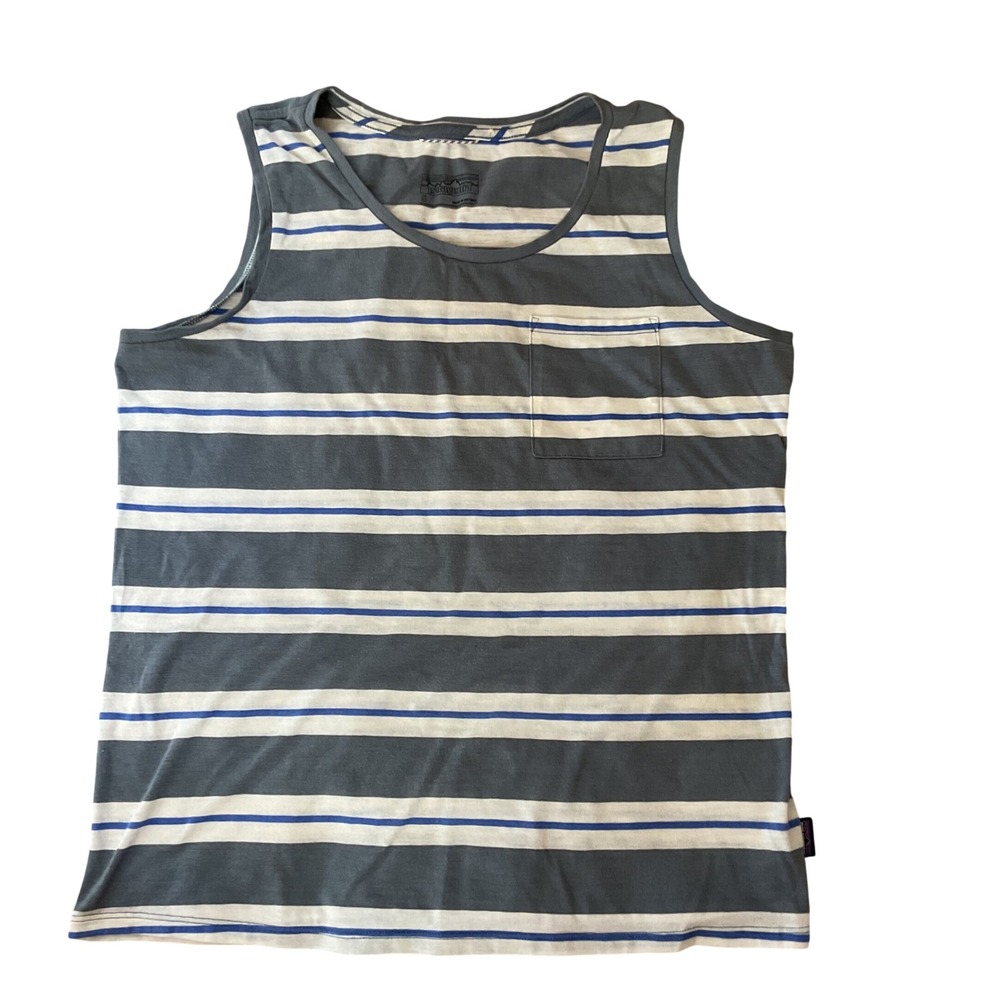Patagonia Mens Striped Pocket Tank Top Grey White Blue Small Sleeveless Shirt